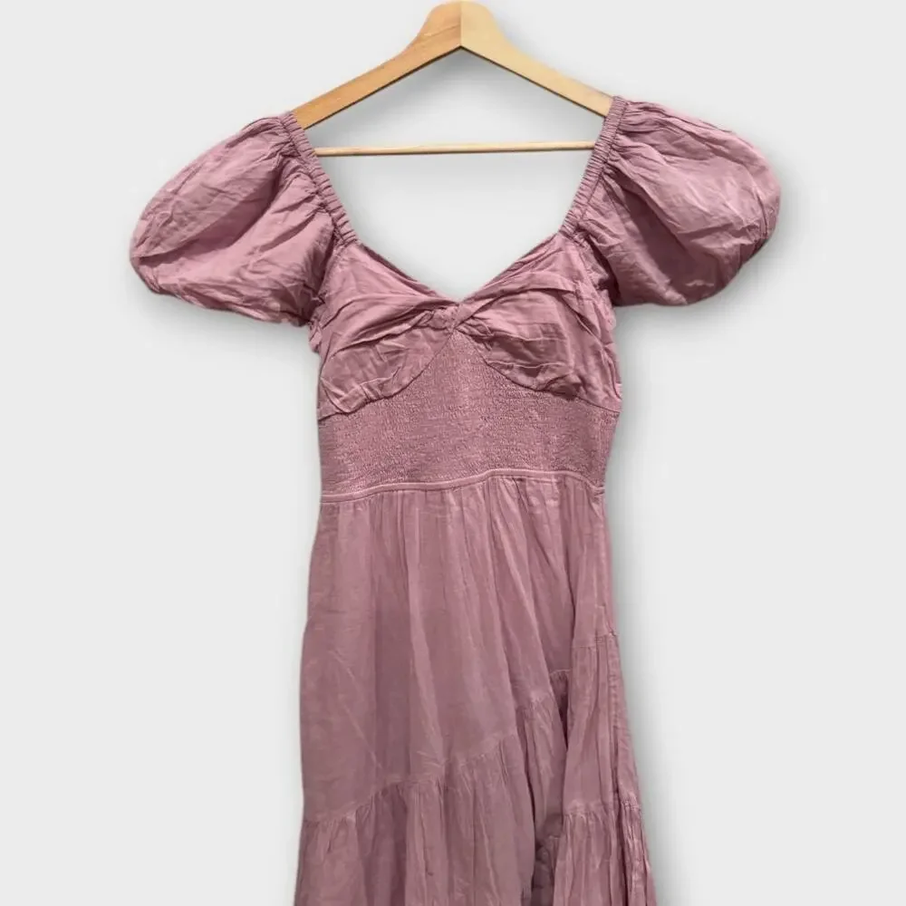 NEW FREE PEOPLE Sundrenched Smocked Puff Sleeve Maxi Dress Size Medium